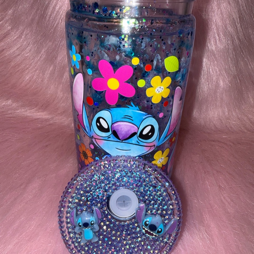 Stitch Floral Tumbler with Straw - Blue and Pink